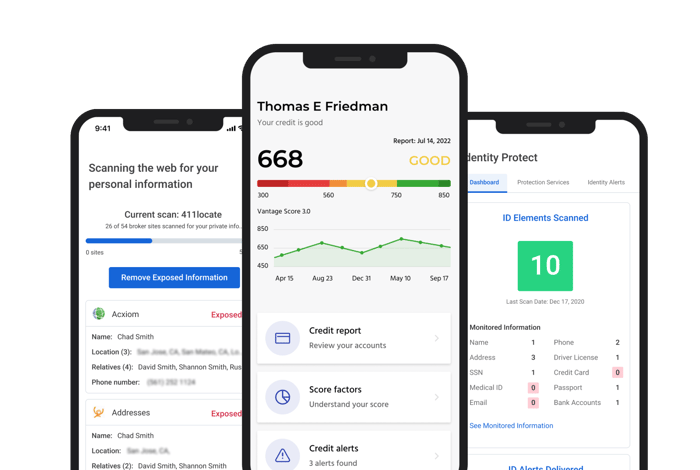 Array's My Credit Manager, Identity Protect, and Privacy Protect product dashboards